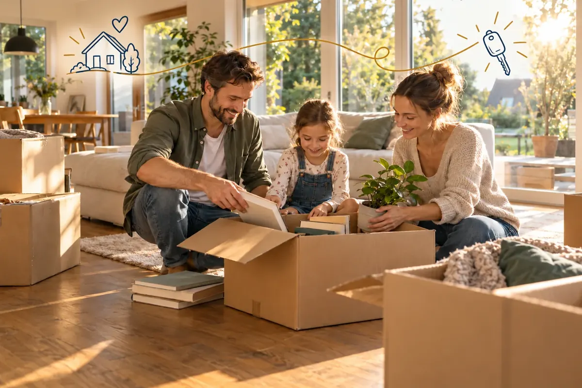 Familie beim Einzug in ihr neues Zuhause