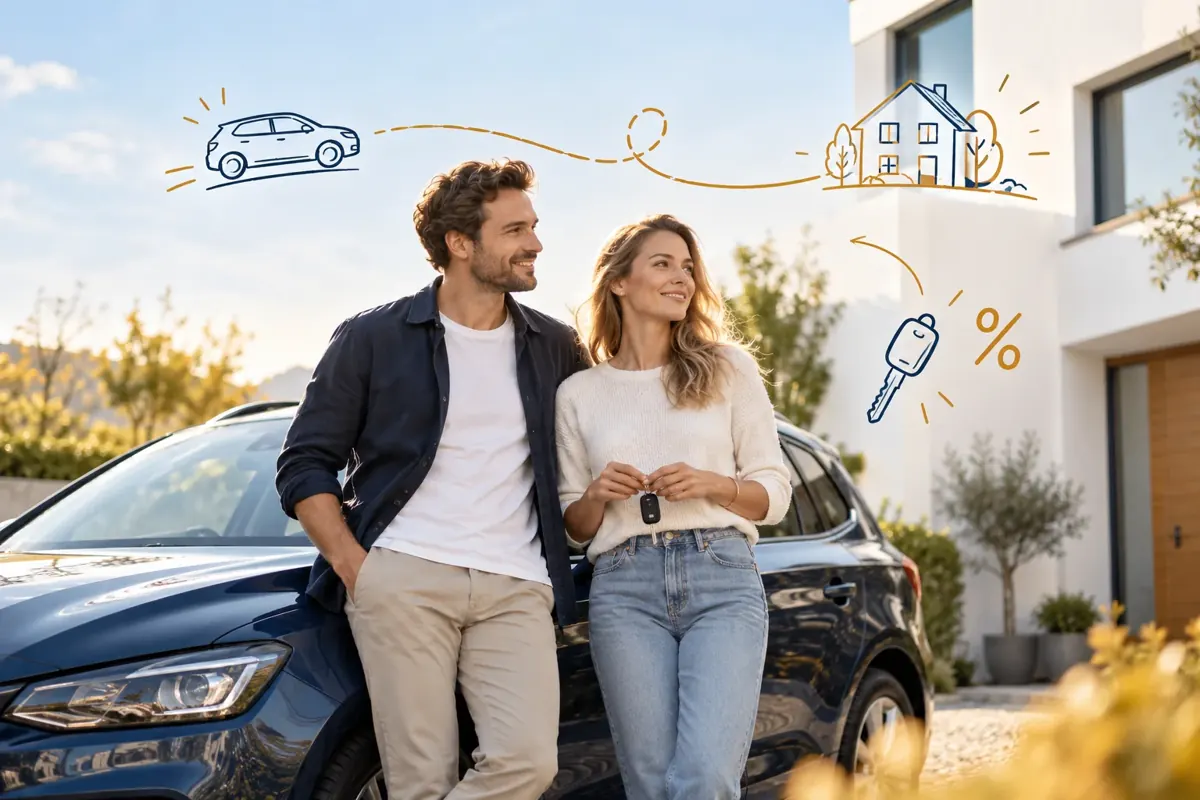 Paar mit Auto vor einem Haus